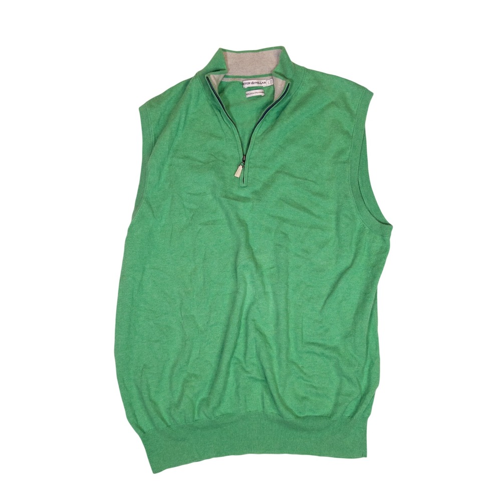 Peter Millar Sweater Vest Mens L Green Good Cotton Cashmere Quarter Zip Golf